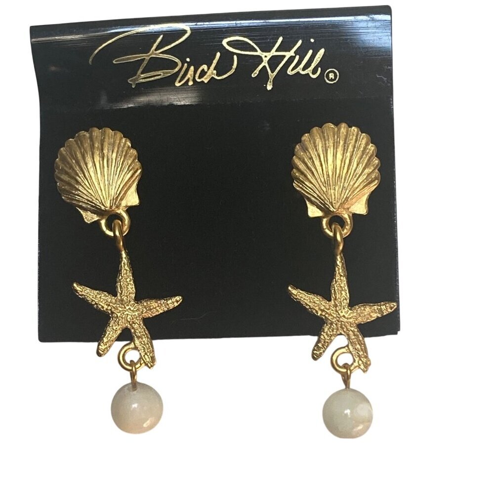 Birch Hill Gold Tone Shell Starfish Dangle Earrings White Bead Drop Coastal